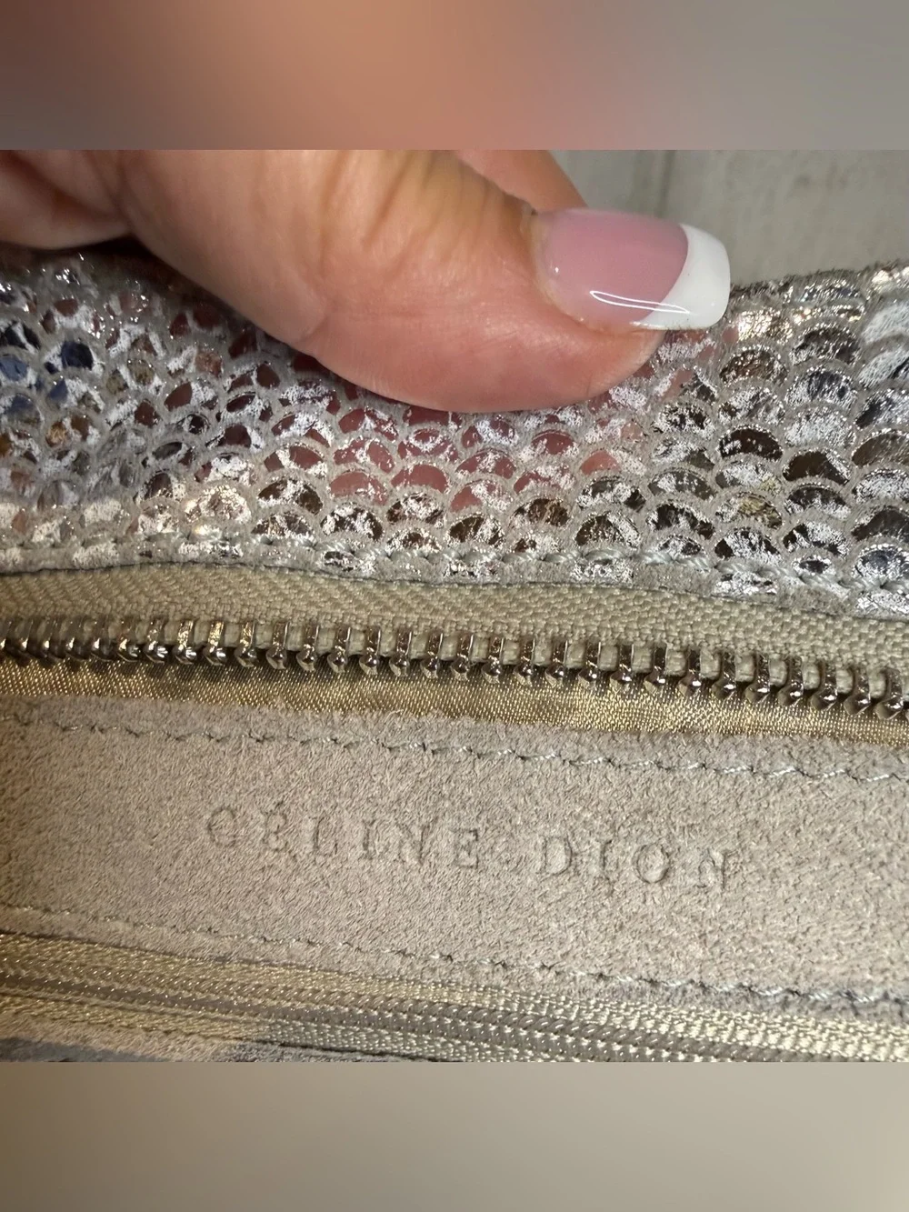 Celine Dion Gray Suede Shoulder Bag with Metallic Snake Trim Y2K
